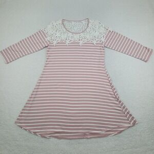 Umgee Womens Medium Pink White Striped Crochet Lace Yoke 3/4 Sleeve Boho Dress